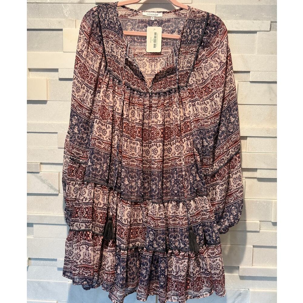 OLIVACEOUS NWT Boho Smocked Open Neck Drop-waist Bishop Sleeves Tiered Dress S